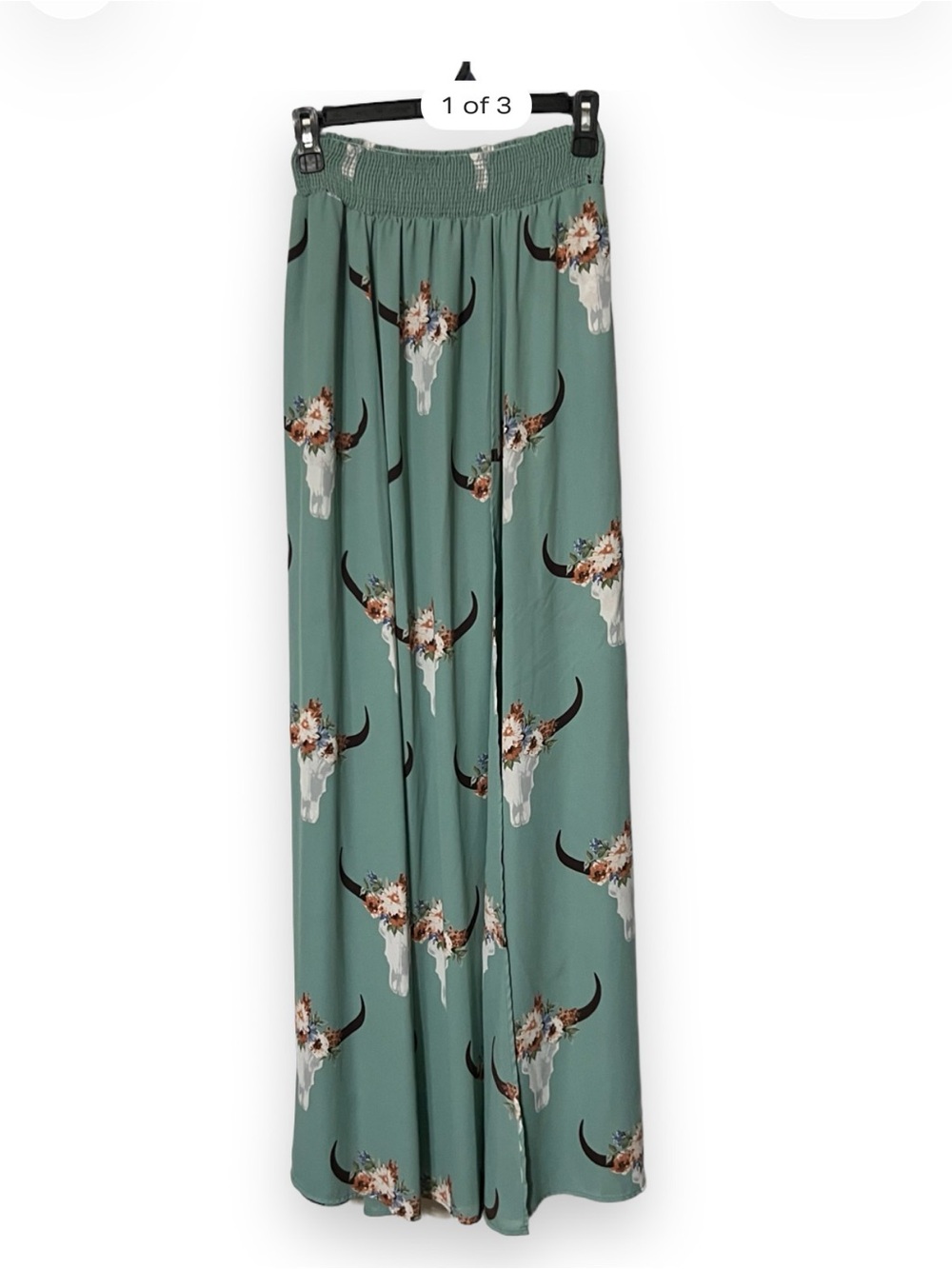 Peach Love California Sage Green Floral Steer Skull Maxi Skirt